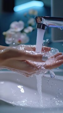 Woman rinsing hands under a modern sensor faucet in a bathroom  