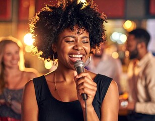 Joyful woman singing into a microphone at a dimly lit venue