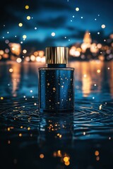 A bottle of dark blue perfume with golden stars and dots floating on the water surface surrounded by lights and reflected city buildings from an overhead perspective