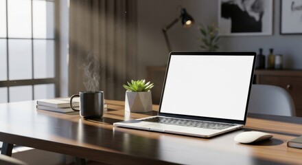 Laptop and steaming coffee mug on a wooden desk with sunlight streaming through a window computer
