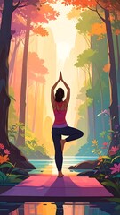 Woman in yoga pose in a vibrant forest