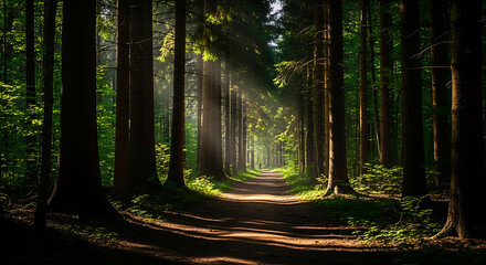 Fototapeta premium A path through a dense forest with tall trees and sunlight streaming through the canopy creating shadows