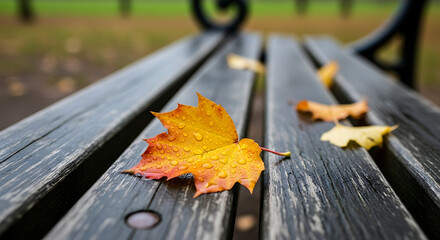 Close up of wet maple leaf with water droplets on a wooden park bench in the autumn season outdoors