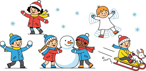 Naklejka premium Children's Winter Fun Snowball Fights, Angels, and Sledding Adventure in the Snow