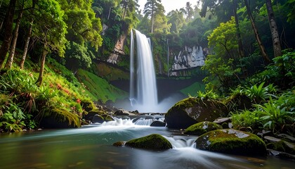 A majestic waterfall cascading through lush green forest landscape