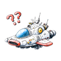 Whimsical cartoon spaceship with big yellow eyes and question marks isolated on transparent background