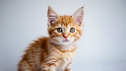 Fluffy orange kitten with green eyes and perked-up ears gazes curiously at camera, exuding innocence and charm against white background. Playful spirit of young feline. Joy and wonder of childhood