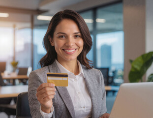 Smiling Woman Presenting Credit Card for Online Transactions in a Modern Office