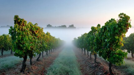 Fototapeta premium A row of grape vines with fog in the background