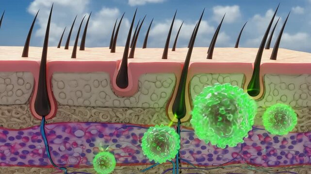 Clinical visualization of exosome therapy driving hair regrowth, showing vesicles docking and fusing with scalp cells around active follicles.

