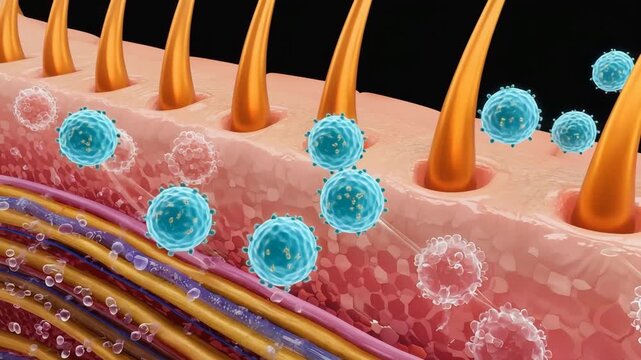 Clinical visualization of exosome therapy driving hair regrowth, showing vesicles docking and fusing with scalp cells around active follicles.
