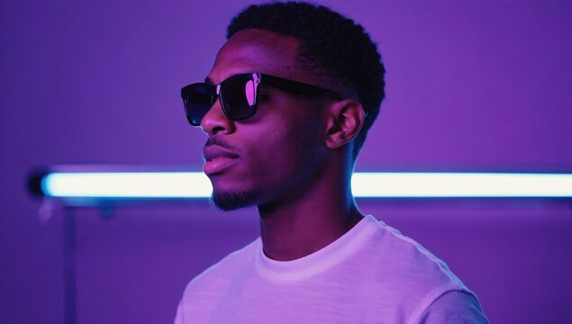 Futuristic nightlife. Urban fashion, music culture, cyberpunk minimalism. Creative portrait with bold magenta lighting. Composed figure in shades faces right, backlit by neon tube. Club energy - Powered by Adobe