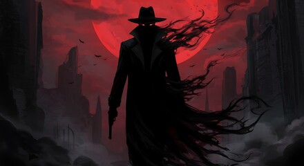 dark silhouette in red mist fantasy scene