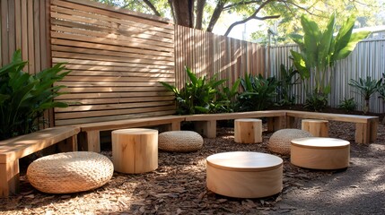 Serene outdoor seating area with wooden benches and circular tables surrounded by lush greenery