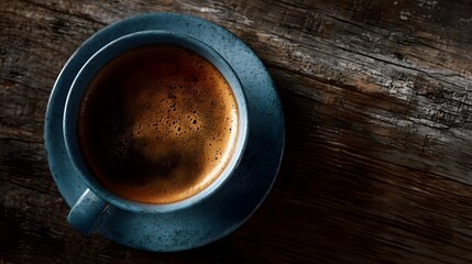 A close up overhead view of a rich dark coffee with crema in a blue ceramic cup on a rustic wooden table
