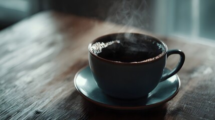 Steaming hot coffee in a cup and saucer on a rustic wooden table soft morning light