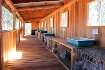 Spacious animal shelter interior showcasing neat rabbit enclosures with natural light and wooden decor