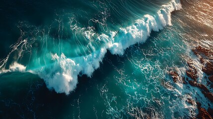 Aerial view shows turquoise ocean waves crashing against rugged coastal rocks in bright sunlight