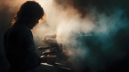 Obraz premium Barista preparing a hot beverage amidst atmospheric steam illuminated by warm dramatic lighting in a cozy cafe