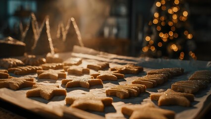 Obraz premium Star-shaped sugar cookies cooling on parchment, with a warm bokeh of Christmas tree lights in the background. Concept Holiday baking, Star-shaped cookies, Parchment paper setup