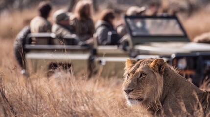 Majestic Lion Observing Safari Tour in Serene African Landscape Surrounded by Tall Grass
