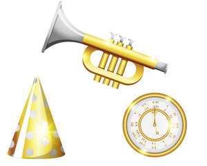 New Year's Eve Celebration Icons: Trumpet, Party Hat, and Countdown Clock