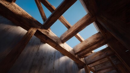 Low angle view of unfinished wooden building framework against a clear blue sky with natural ambient light