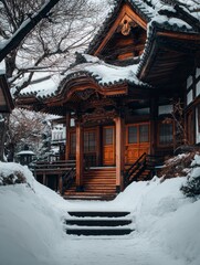 Traditional Asian wooden temple in snow-covered landscape during winter season in peaceful setting