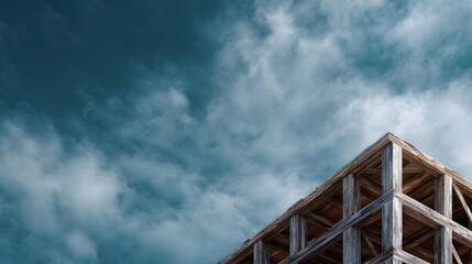 Unfinished wooden building frame against a dramatic cloudy sky