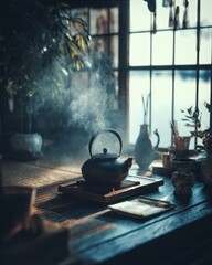 Cozy Kitchen Scene with Teapot and Steam in Sunlit Room Surrounded by Rustic Decor