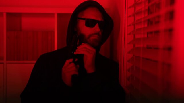 Burglar man hold guy and hide in house. Robbery crime at night. Criminal man gun. Thief gun. Man housebreaker with gun hiding from police. Criminal man do thief crime. Crime theft. Red blue lights
