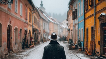 Man in Hat Walking Through Snowy Street Surrounded by Colorful Buildings in Winter Scene