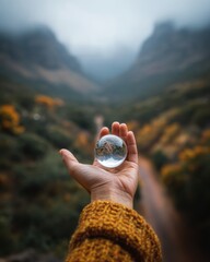 Hand Holding Crystal Sphere with Scenic Mountain Background in Soft Foggy Atmosphere
