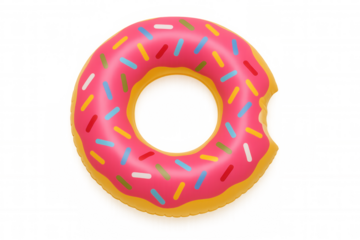 Donut pool float with pink frosting and sprinkles, enjoying summer fun, isolated on transparent background