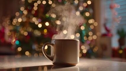 Obraz premium A steaming mug on a table with festive, blurred Christmas lights in the background. Concept Cozy winter scene, Steam rising from mug, Warm table lighting, Festive Christmas lights bokeh