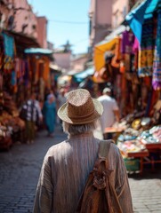 Elderly Man Strolling Through Colorful Bazaar with Vibrant Textiles and Local Crafts in Africa