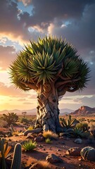 Large, stylized tree with thick trunk, desert landscape at sunset