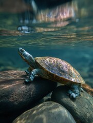 Underwater View of a Turtle Resting on Rocks by the Clear Water Surface