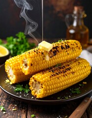 Grilled corn on a plate with melted butter being drizzled on top