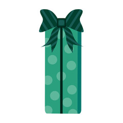 Vector illustration of a tall green gift box decorated with a dark green striped bow. Perfect for holiday greetings, birthday cards, packaging design, party invitations