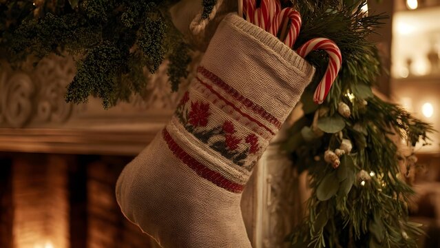 A beige knitted Christmas stocking with red patterns and candy canes, hanging from a garland beside a warm, glowing fireplace. Concept Cozy Christmas Decor, Knitted Stocking Details