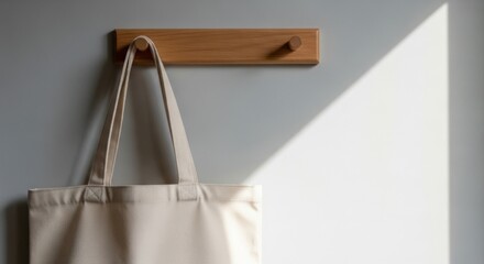 Light and Shadow on a Canvas Tote Bag Hanging on a Wooden Hook canvas bag shopping bag