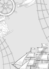 A nautical theme frame. Black and white graphics, hand-drawn vector illustrations. A ship, a rudder, and a map on a gray background. For children s games, holidays, postcards, posters, and more.