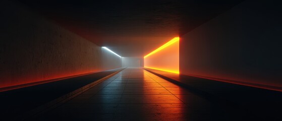 Futuristic Abstract Corridor with Neon Lights and Reflective Floor Surfaces in Digital Environment