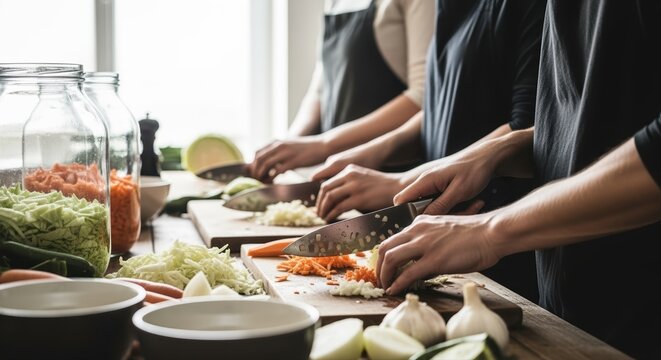 hands chopping fresh vegetables in a kitchen setting with natural sunlight and teamwork