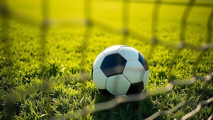 Soccer ball nestled in the net against a lush green field, capturing a moment of victory.