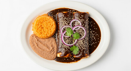 Authentic Mexican meal with rice, beans, and sauce served on white plate — perfect for restaurant or cuisine visuals.