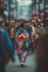 Elegant Woman in Colorful Kimono Walking Through Busy Street in Japanese Market District