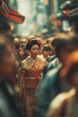 Traditional Japanese Woman Strolling Through a Crowded Street in Kyoto, Japan During Festival Season