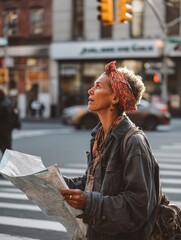 Woman with a Map Looking Up in a City Intersection during Daylight Hours